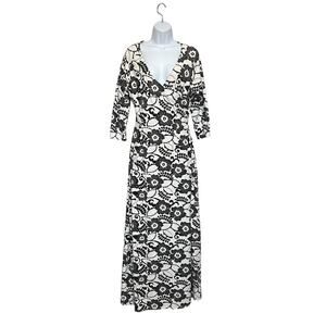 Soft Surroundings Floral Faux Wrap Maxi Dress Womens Sz M Black White Boho Party